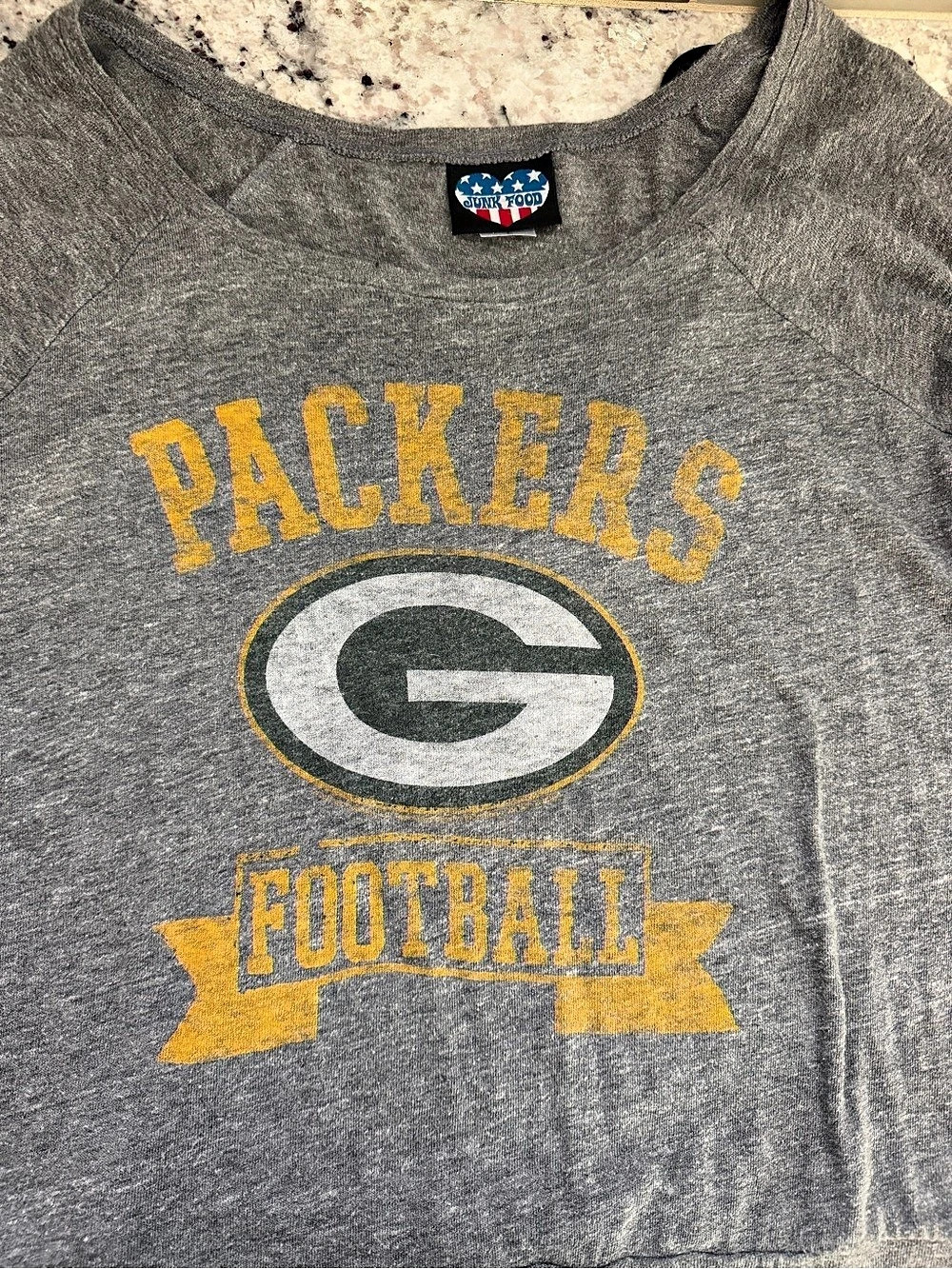 Junk Food Green Bay Packers Distressed Football Long Sleeve Top Gray & Yellow